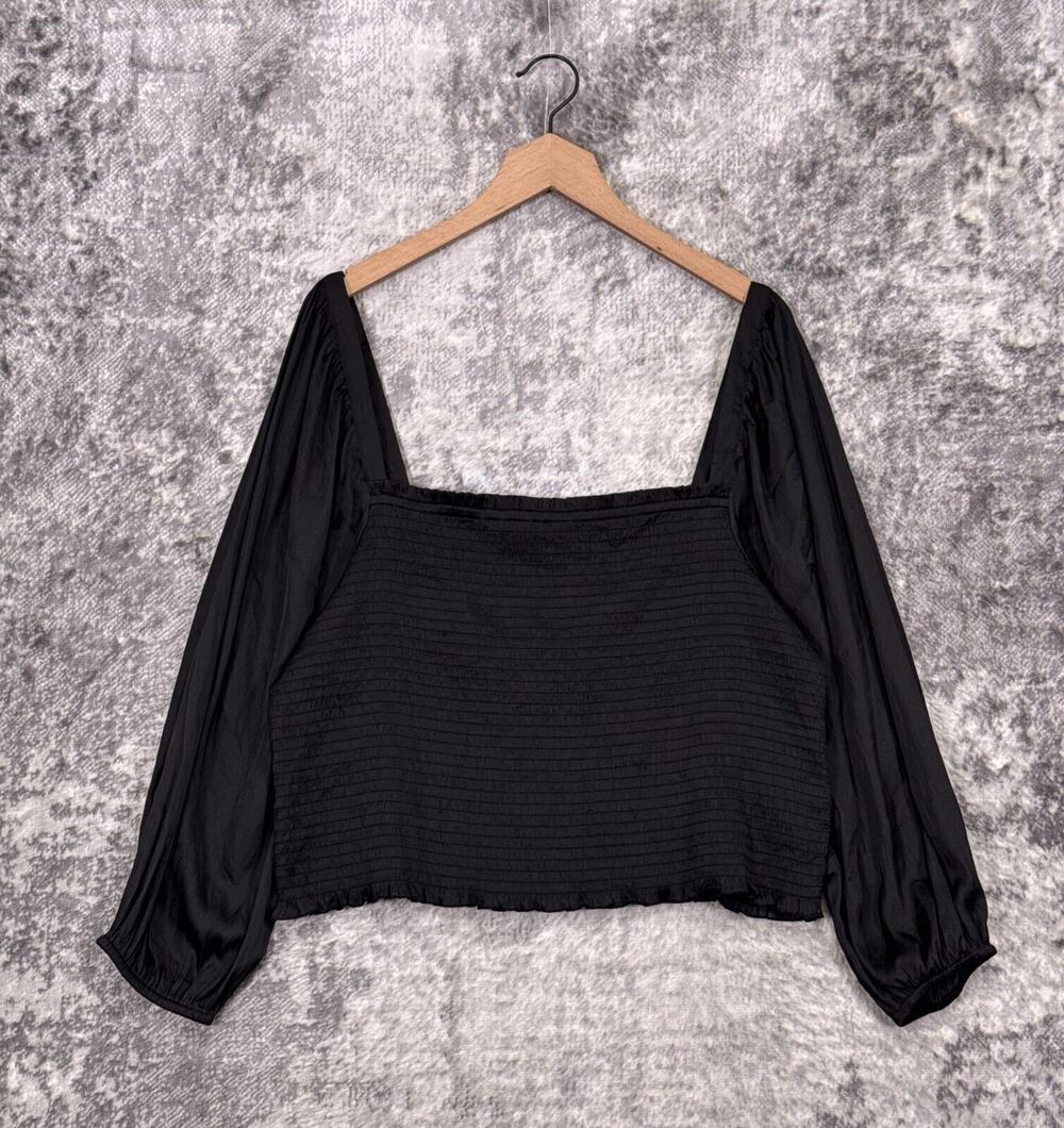 New J Crew Top 2X Womens Black Satin Smocked Long Sleeve Crop Plus Size Blouse